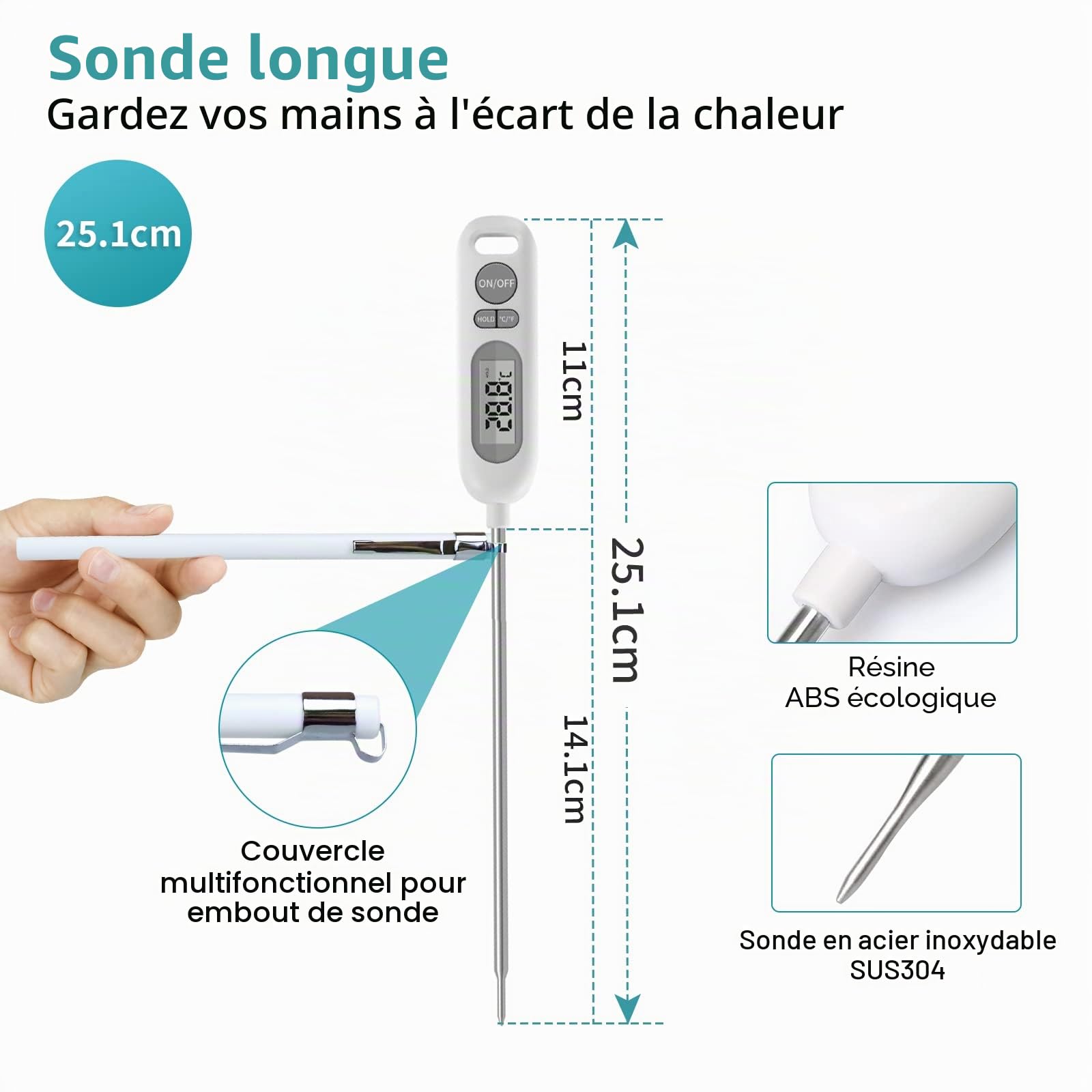 HORJOR Thermomètre de Cuisson Digital 141mm Sonde pour Barbecue Viande Patisserie