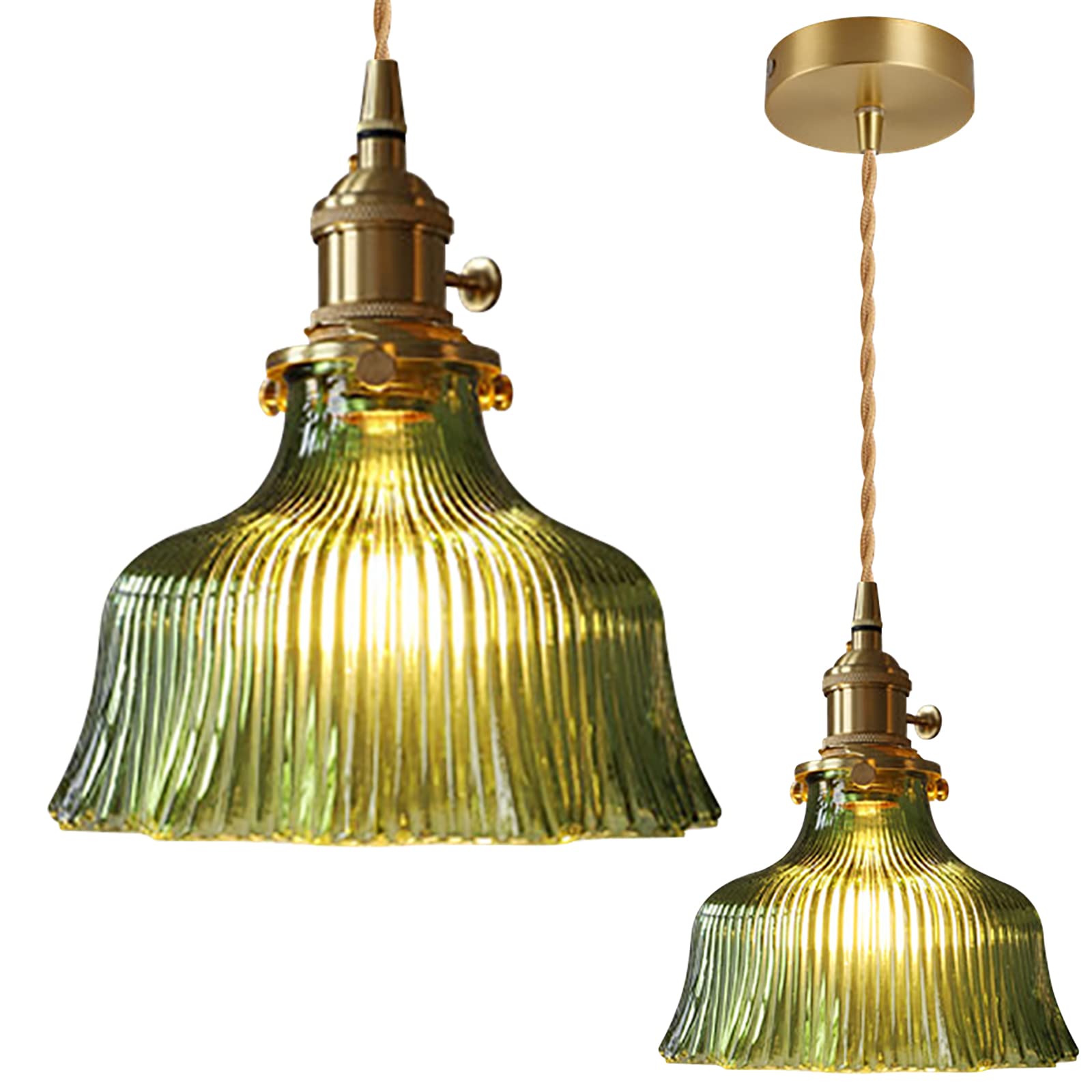 SXWNBIFH Nordic Glass Pendant Light Modern Bedside Chandelier Flowers Shape Adjustable Copper Hanging Lights Home Decor for Bedroom Dining Room Kitchen Island (green A)