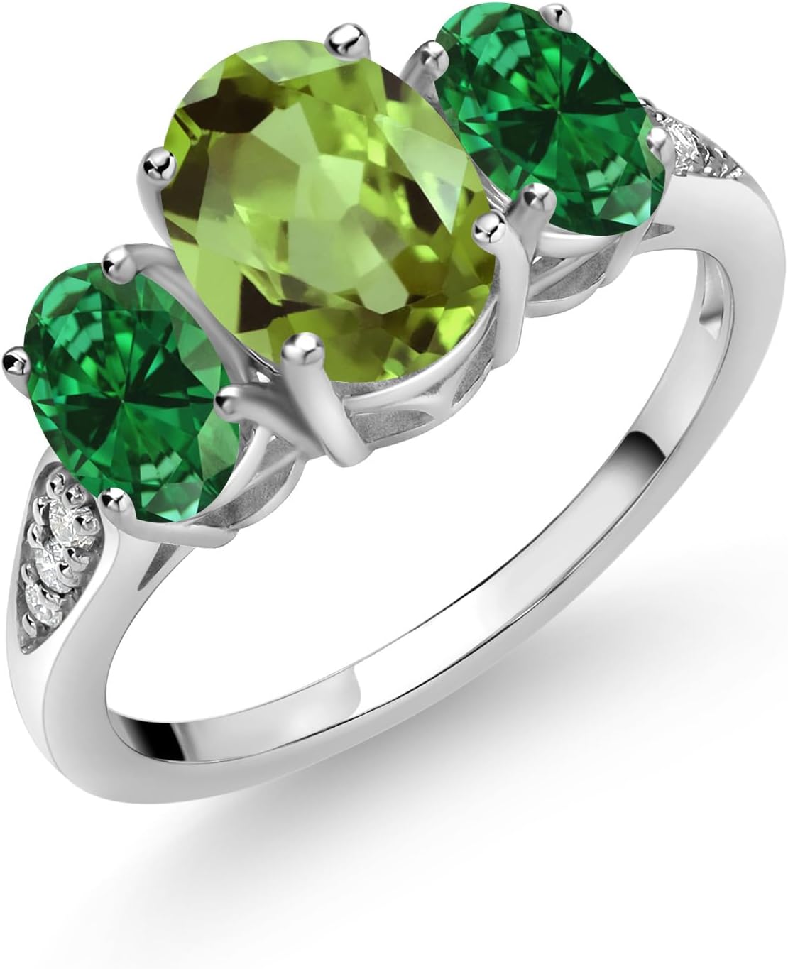 Gem Stone King 10K White Gold Green Peridot Green Created Emerald and White Lab Grown Diamond 3 Stone Engagement Ring For Women (2.16 Cttw, Gemstone Birthstone)