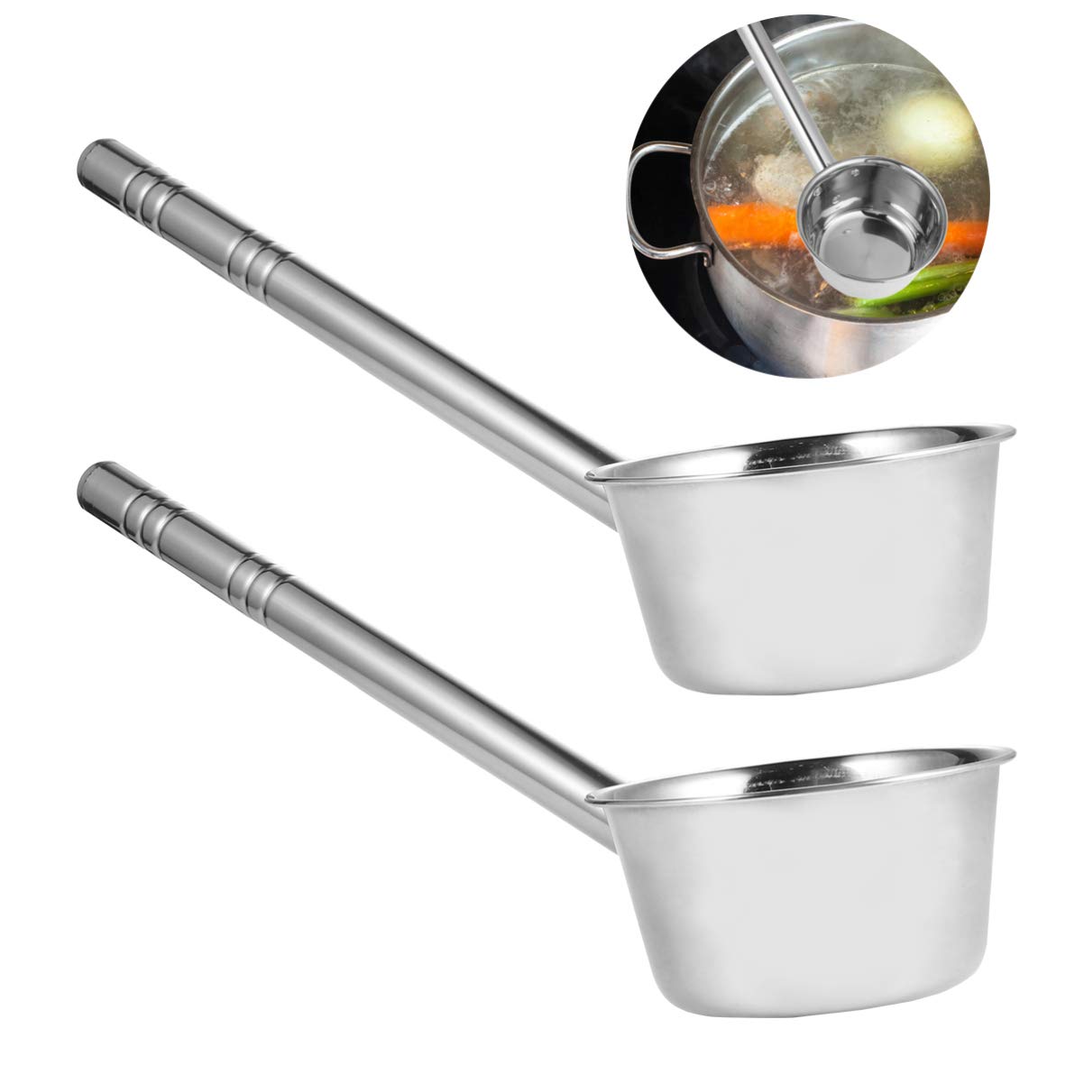 DOITOOL Lot de 2 louches à eau avec poignée en acier inoxydable pour salle de bain, lavage des cheveux, cuillère à eau de 39 cm, louche d'arrosage de jardin, louche de cuisine, louche à soupe