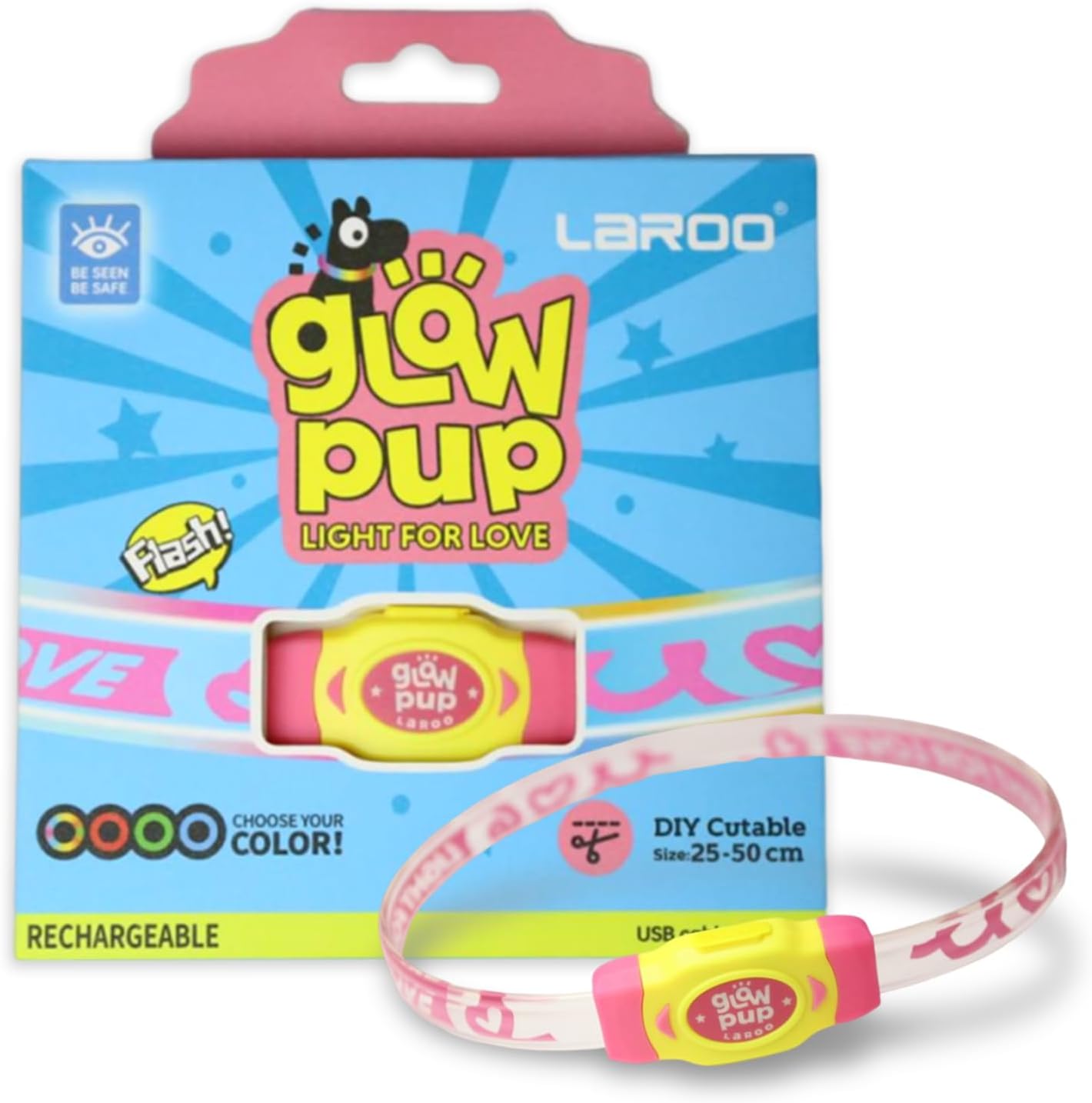 LaRoo LED-Licht-Hundehalsband, über USB wiederaufladbar, wasserdichtes Hundehalsband, leuchtend mit 4 Beleuchtungsmodi, verstellbare Länge, LED-Halsband für kleine, mittelgroße und große Hunde (Rosa)