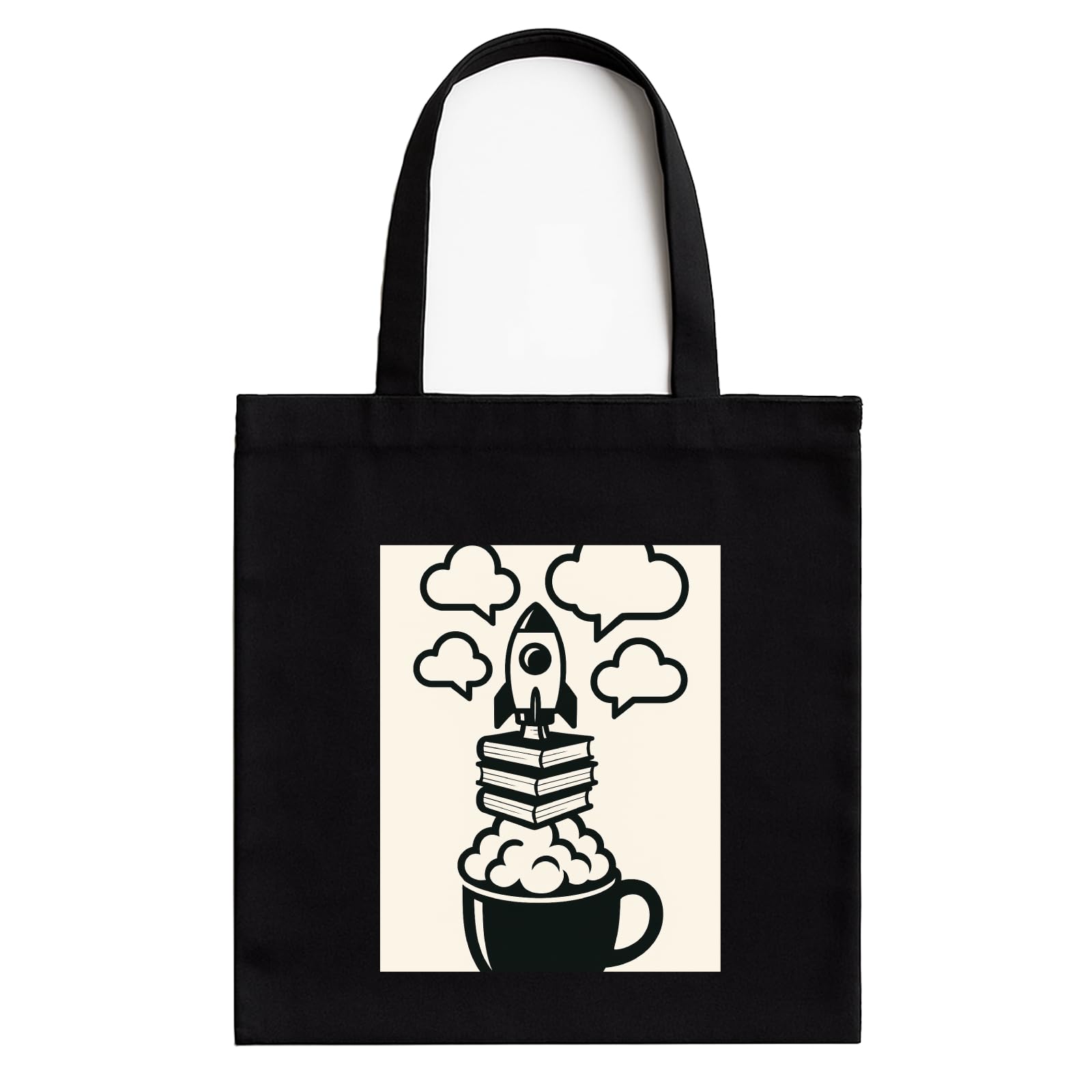 Black Cotton Tote Bag for Women & Men with Printed A4 Pocket | Books & Coffee Quote | Stylish Canvas Tote for College, Work, Gifting| Zipper, 100% Cotton,