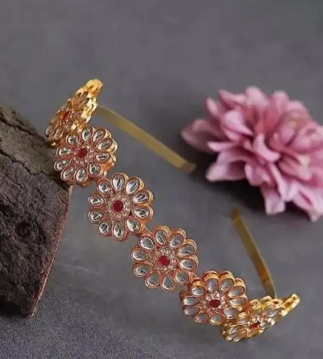 Floral Kundan Studded Matha Patti Sheesh Patti Wedding Hairband Traditional Golden Celebrity Headband Hair accessory Jewellery for Women and Girls-image-22