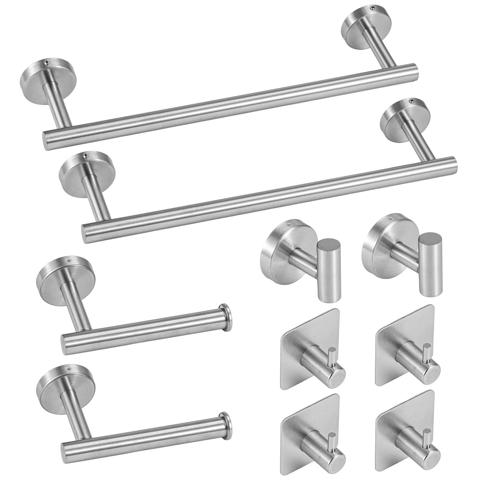 BREEZENEST 10pcs Bathroom Accessories Set — No Drilling Wall-Mounted Towel Holder & Toilet Roll Holder Set, Stainless Steel Bathroom Hardware Kit, Space-Saving Organiser (Silver)
