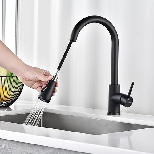 KAYNLESS Grifo de cocina con rociador extraíble, grifo de cocina extraíble negro mate, grifo de acero inoxidable para fregadero de cocina de 15