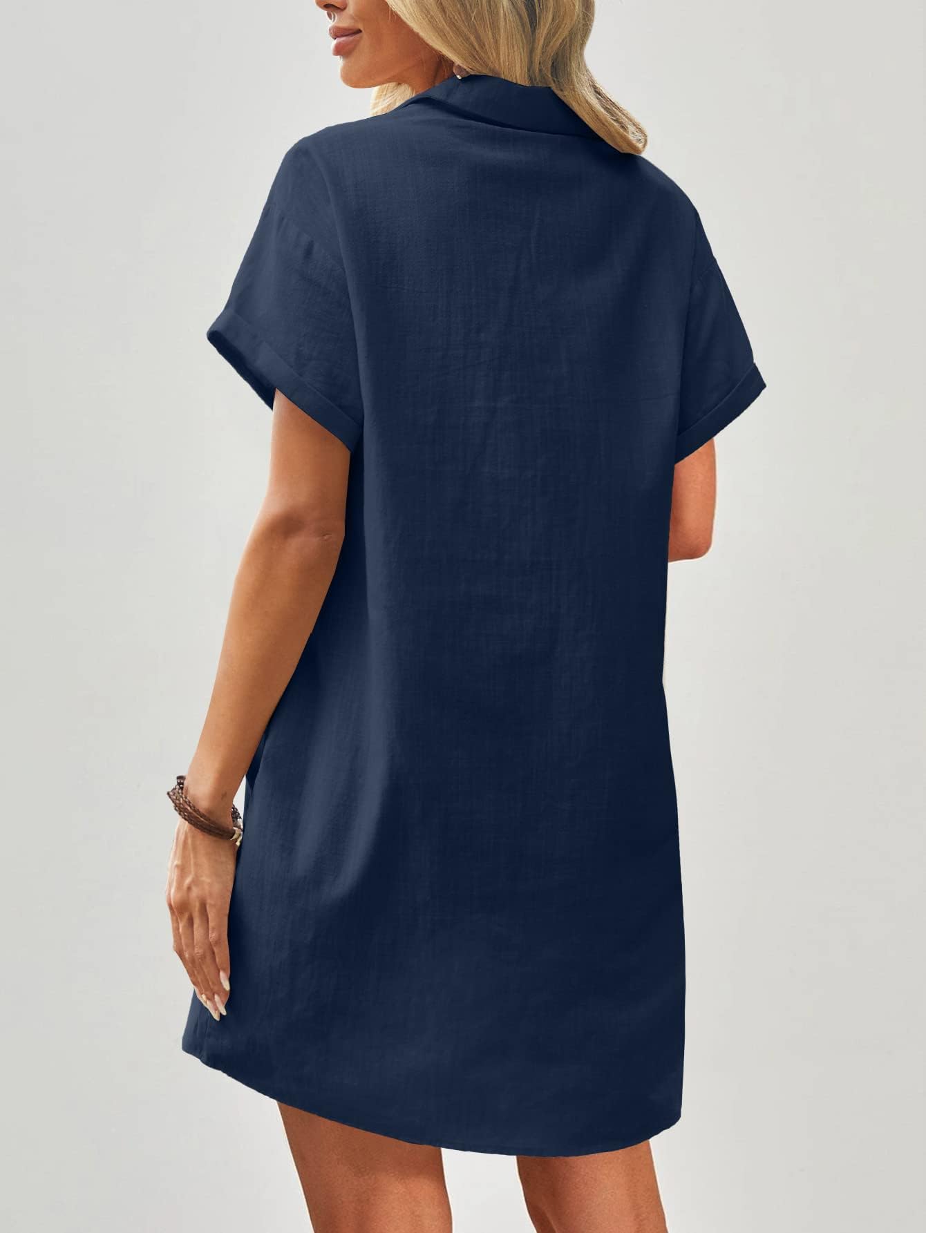 Zeagoo Robe d'été Femme en Lin Robe Mi-Longue Longueur Genou Décontractée Robe de Plage à Manches Courtes Robe Chemise avec Poches S-XXL