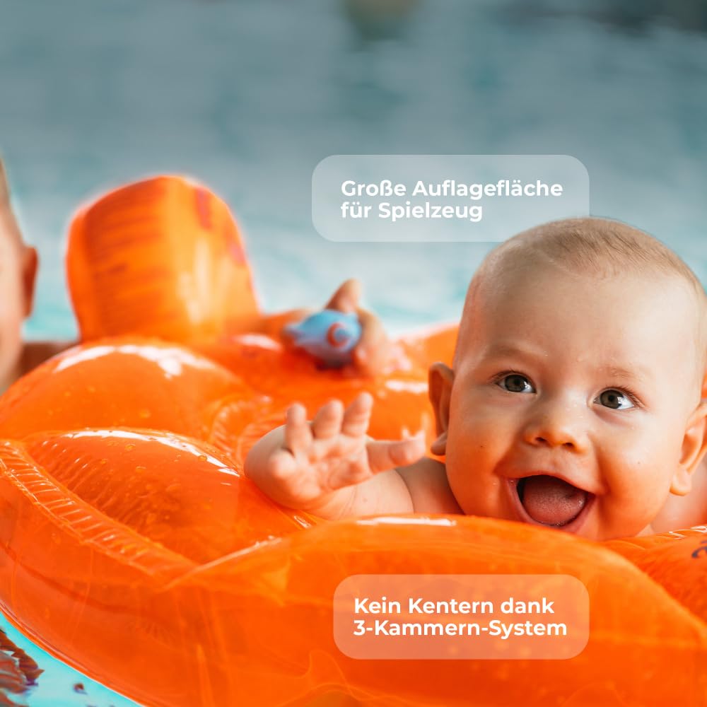 Flipper SwimSafe 1040 - Schwimmsitz für Babys ab 3 Monaten, Schwimmhilfe mit 3 Luftkammern und ohne Gurte, Durchmesser ca. 62 cm, Orange
