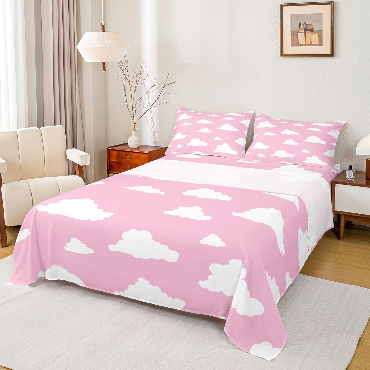 Homewish Bettwäsche-Set mit weißen Wolken, rosa Himmel, Cartoon-Wolken, für Kinder, Jungen, Mädchen, Teenager, verträumter romantischer Stil, Bettlaken-Set mit flachem Spannbetttuch, 2 Kissenbezügen