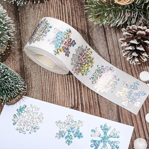 Image of 500Pcs Christmas Stickers Roll for Cards 3 Designs Silver Foil Snowflake Stickers Xmas Winter Holiday Adhesive Label Stickers Decal for Xmas Envelopes Invitations Cards Gifts Decor