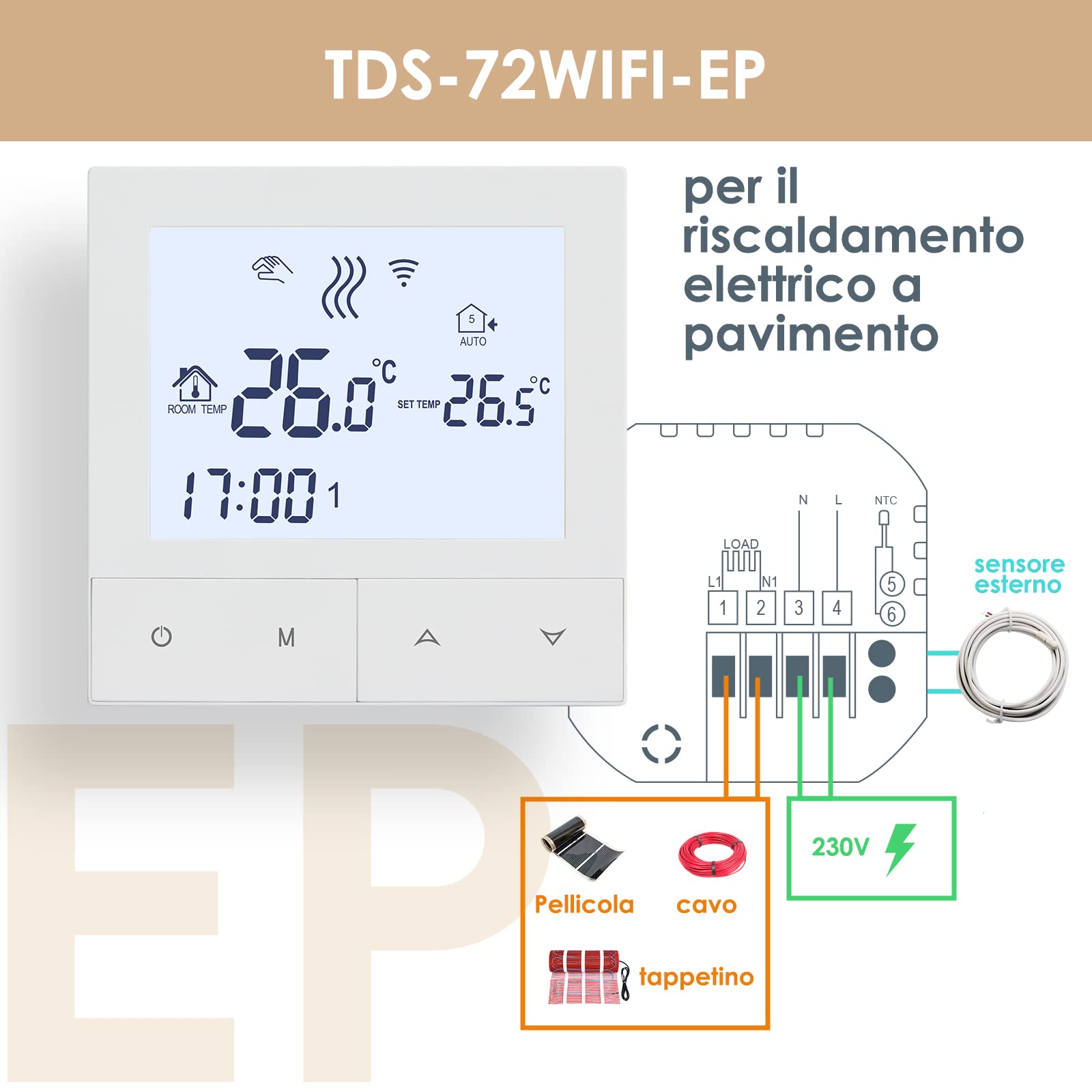 Tuya Termostato Wifi per Riscaldamento Elettrico,Intelligente Termostato Ambiente Programmabile Settimanale,Termostati Cronotermostato Compatibile con Alexa 16A TDS72-WIFI-EP