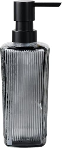 Dispensador de jabón de vidrio de 12 onzas con rayas verticales con bomba de plástico negro a prueba de óxido, pequeño dispensador de jabón