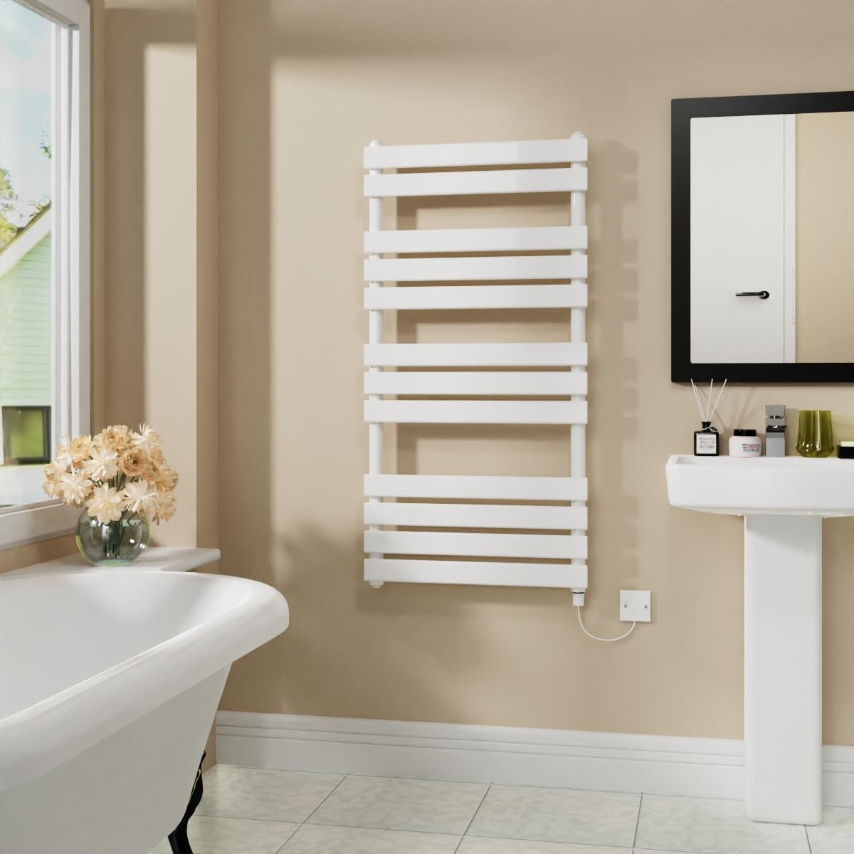 Warmehaus Electric Flat Panel Heated Towel Rail White Bathroom Ladder Radiator Warmer 1200x600mm 600W
