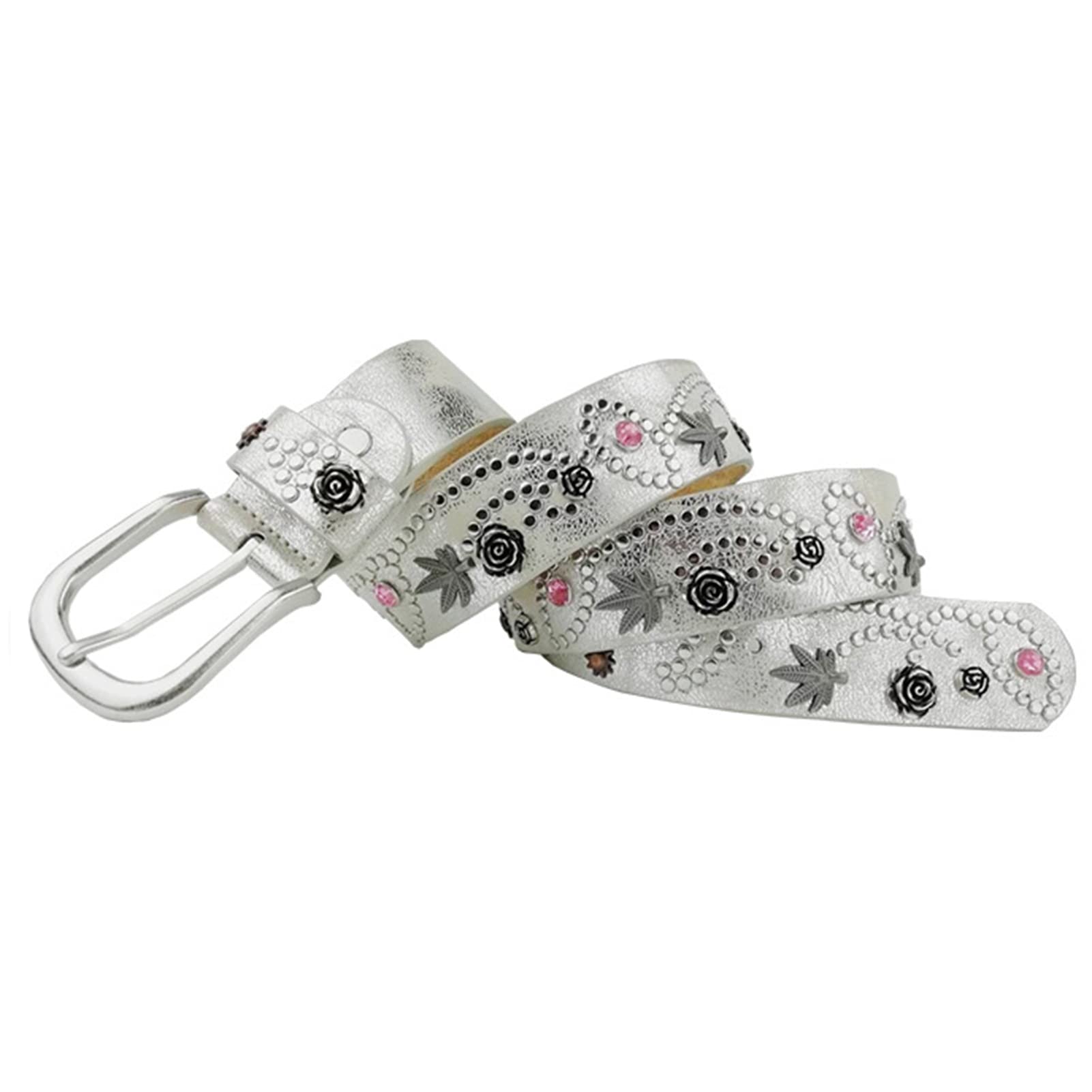 Cinturones De Mujer De Vendimia Remache Hoja De Arce Rhinestone, Vaquera Occidental Bling Tachonado Cinturón De Cuero De Diseño De La Escultura De La Flor