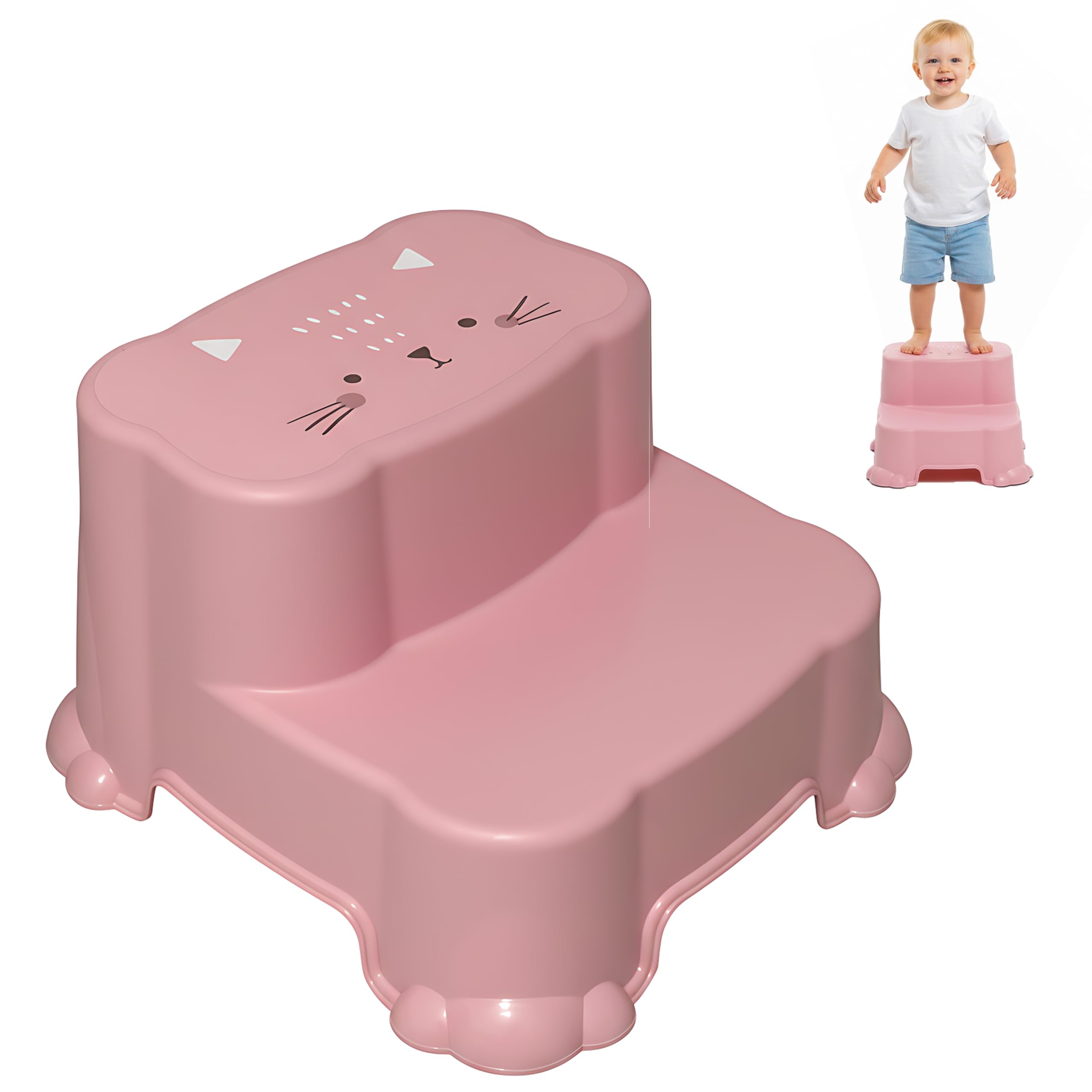 DIVCHI Two-Step Stool For Kids Slip Ressistant Rubber Grip Nursery Step Stools Lightweight Portable Potty Training Stool With Non Slip Base For Bathroom & Kitchen (Pink)