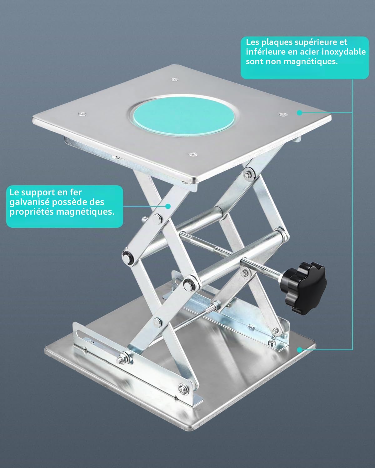 BOOMSTART Table élévatrice de laboratoire en acier inoxydable - Plateforme de levage de laboratoire - 200 x 200 mm - Support - Cric à ciseaux de laboratoire - Commande manuelle pour laboratoire - Cric