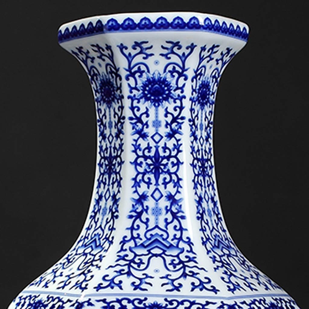 Wazon Antyczna Dekoracja Ceramiczna Sześciokątna Butelka Niebieska i Biała Porcelana Chińskie Ozdoby Salon Układ Kwiatowy Rzeźba Dekoracyjna, Średni (Średni)