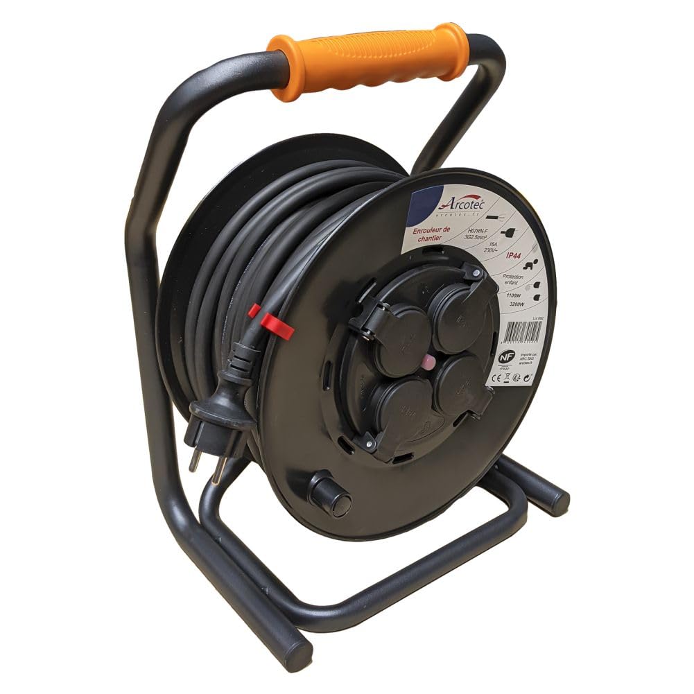 Enrouleur PRO de Chantier 3G2.5 40m IP44 Platine Fixe (Anti Twist) - Câble H07RN-F - 4 Prises 16A