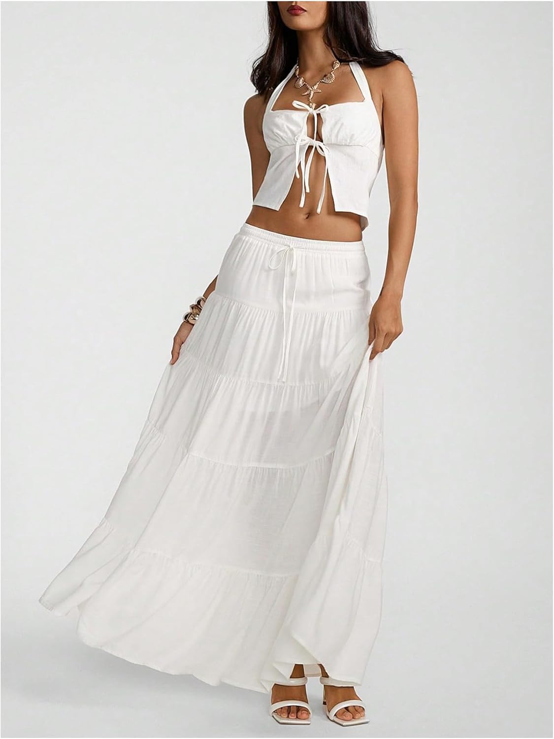 MakeMeChic Women's Boho Linen Elastic Waist Skirt Tie Front Tiered Ruffle Flowy Maxi Skirts - Image 5