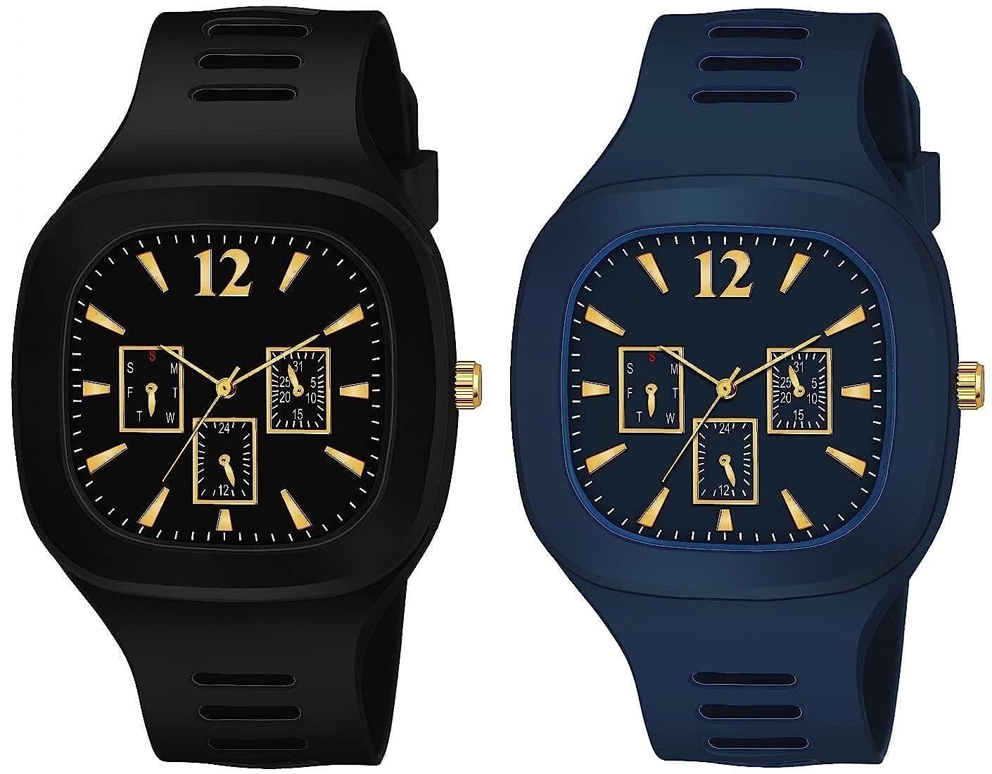 Beautiful Square Analog Unique Designer Watch for Men Boys and Kids - Silicone Strap - Triple Dial - Analog Watch. (Blue & Black) (B0CDTZ5JBM) Amazon Price History, Amazon Price Tracker