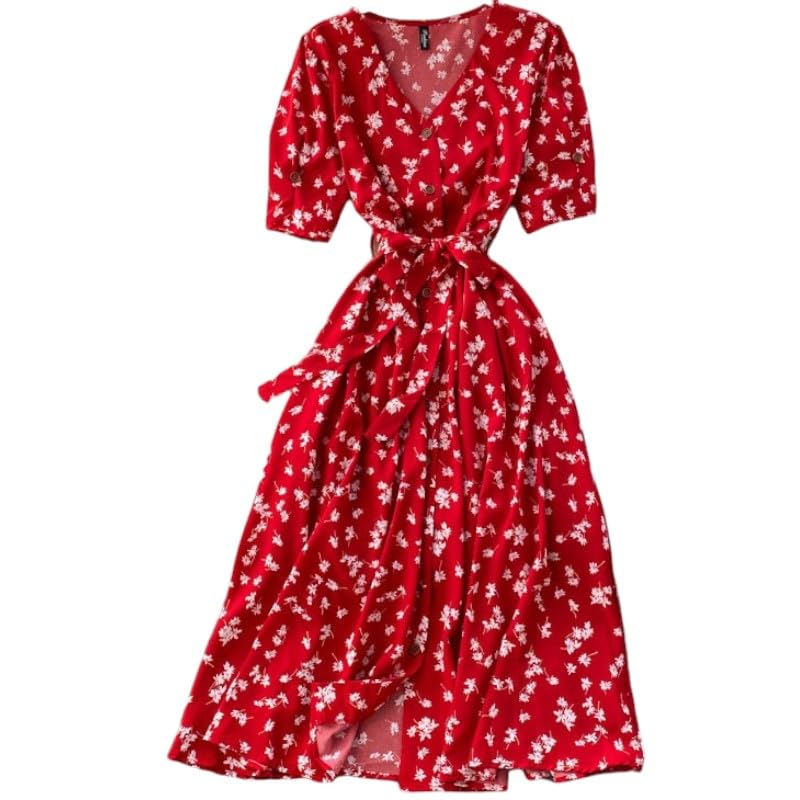 Gufrina Dresses for Women Half Sleeve || Floral Print || V-Neck and Puff Sleeves || Front Open Button & Tie-Up || Midi Dress Gufrina Dresses for Women Half Sleeve || Floral Print || V-Neck and Puff Sleeves || Front Open Button & Tie-Up || Midi Dress