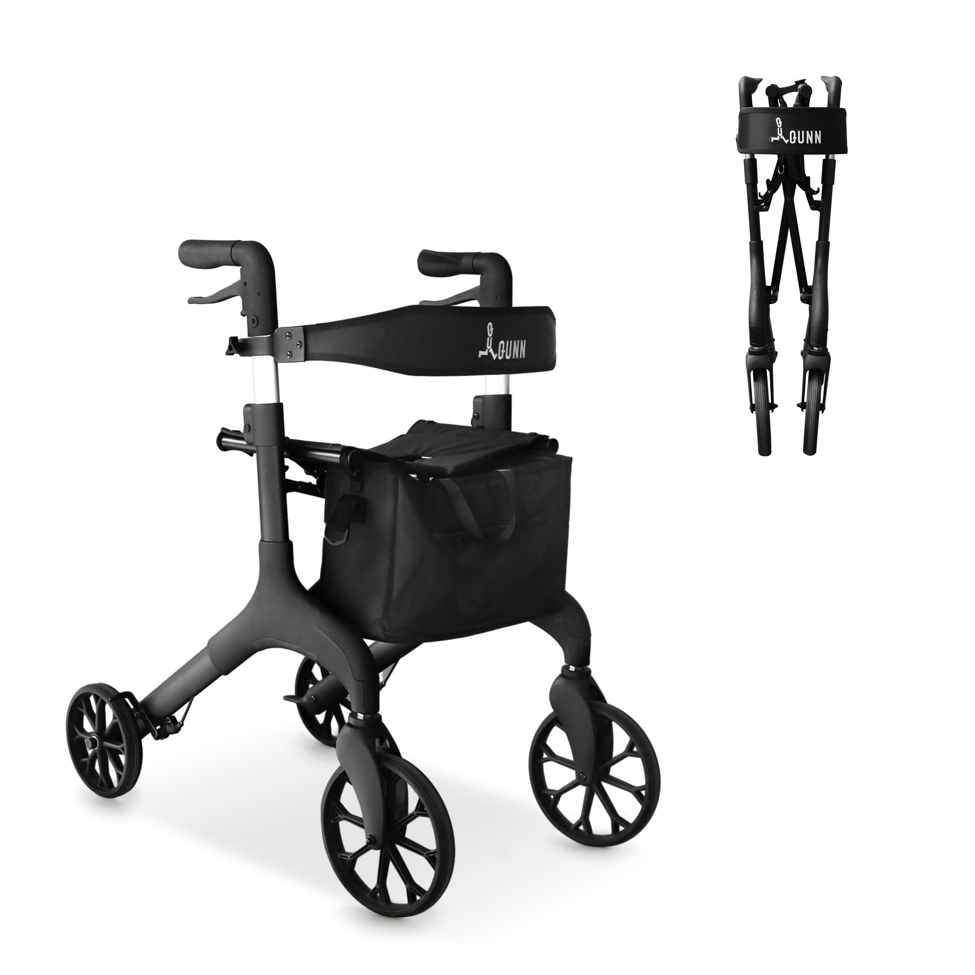 DC DICLASSE Aluminium Rollator Walker with Seat and Brakes, Foldable Walker for Tall Person with Height-Adjustable Handles, Hidden Brake Wire, Compact Folding Design, Support up to 300lbs, Black