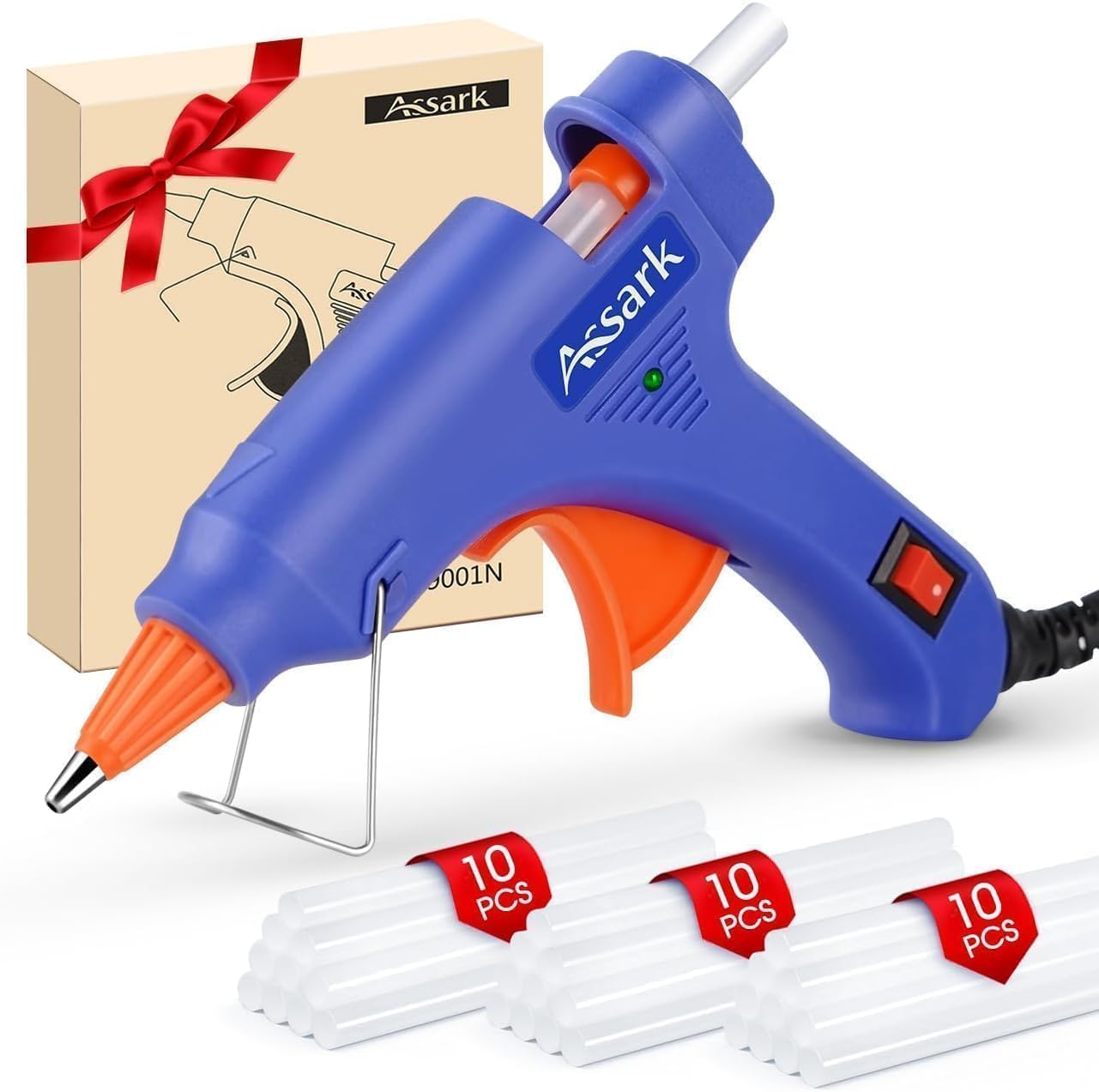 Pistola de silicona caliente ignífuga con 30 barras de pegamento caliente (7 mm x 130 mm), mini pistola de pegamento caliente para la escuela, manualidades, arte o reparaciones, 20W（Azul)