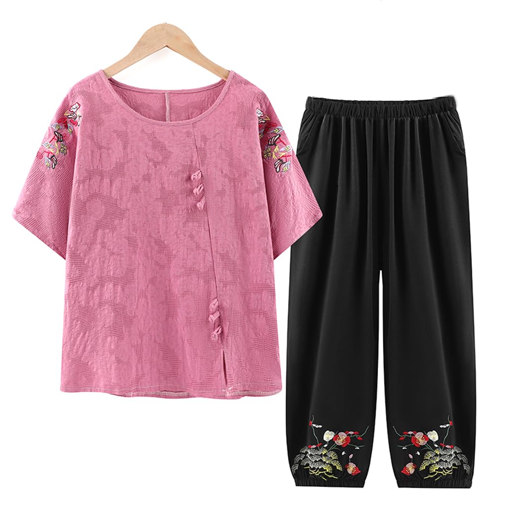 QPZK Women's Tang Suit Hanfu Chinese Traditional Clothing, Adult Older Tai Chi Uniform for Women Martial Arts Kung Fu Clothing Short Sleeve Coat and Trousers Pink-XL
