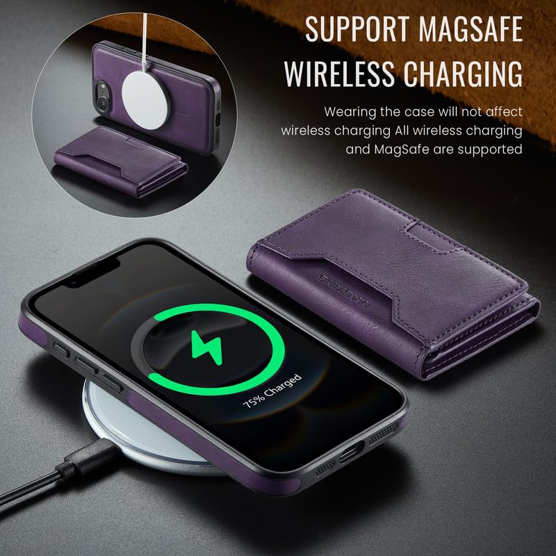 Funda magnética para iPhone 16E morada 2 en 1 desmontable con cartera RFID 4