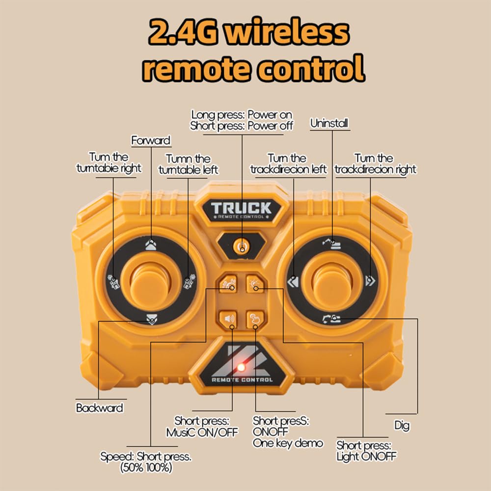 X-Verse 1:64 juguete de excavadora teledirigida, mini excavadora RC con luz y efectos de sonido, rotación de 320°, vehículo de construcción teledirigido para niños, juguete para niños, regalo