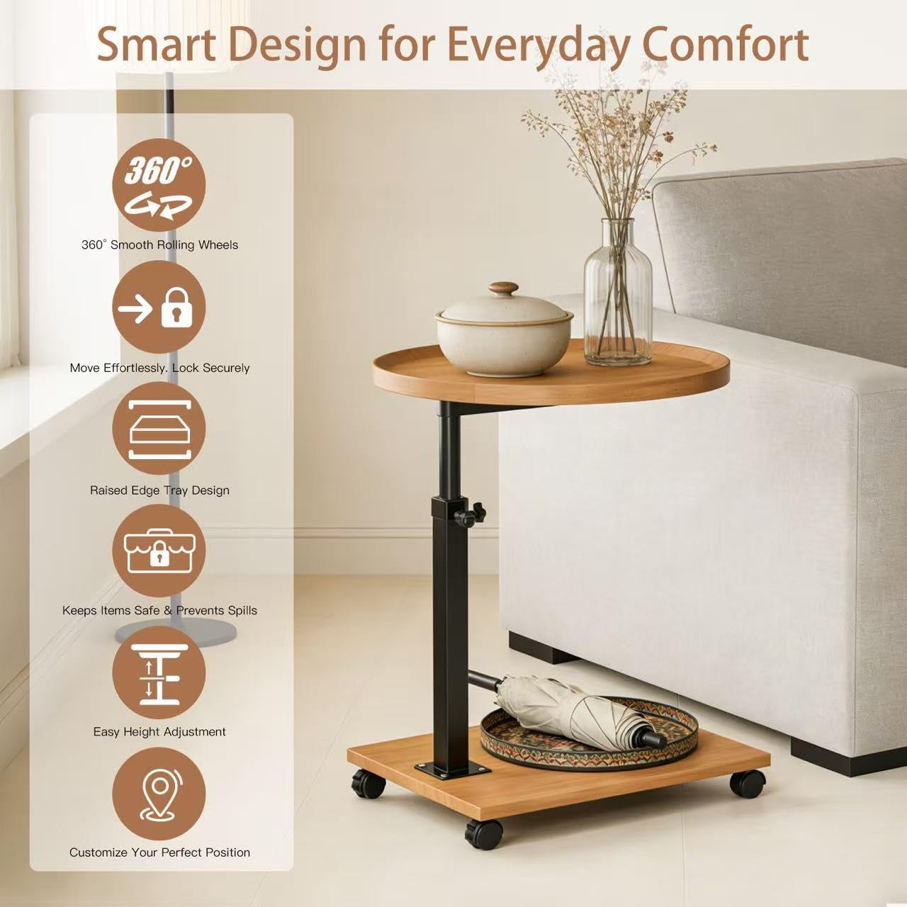 Mesa auxiliar con ruedas, mesa auxiliar regulable en altura y ruedas (45-80 cm) en forma de C de madera con ruedas giratorias de 360°, pequeña mesa de centro para salón, sofá y cama (color