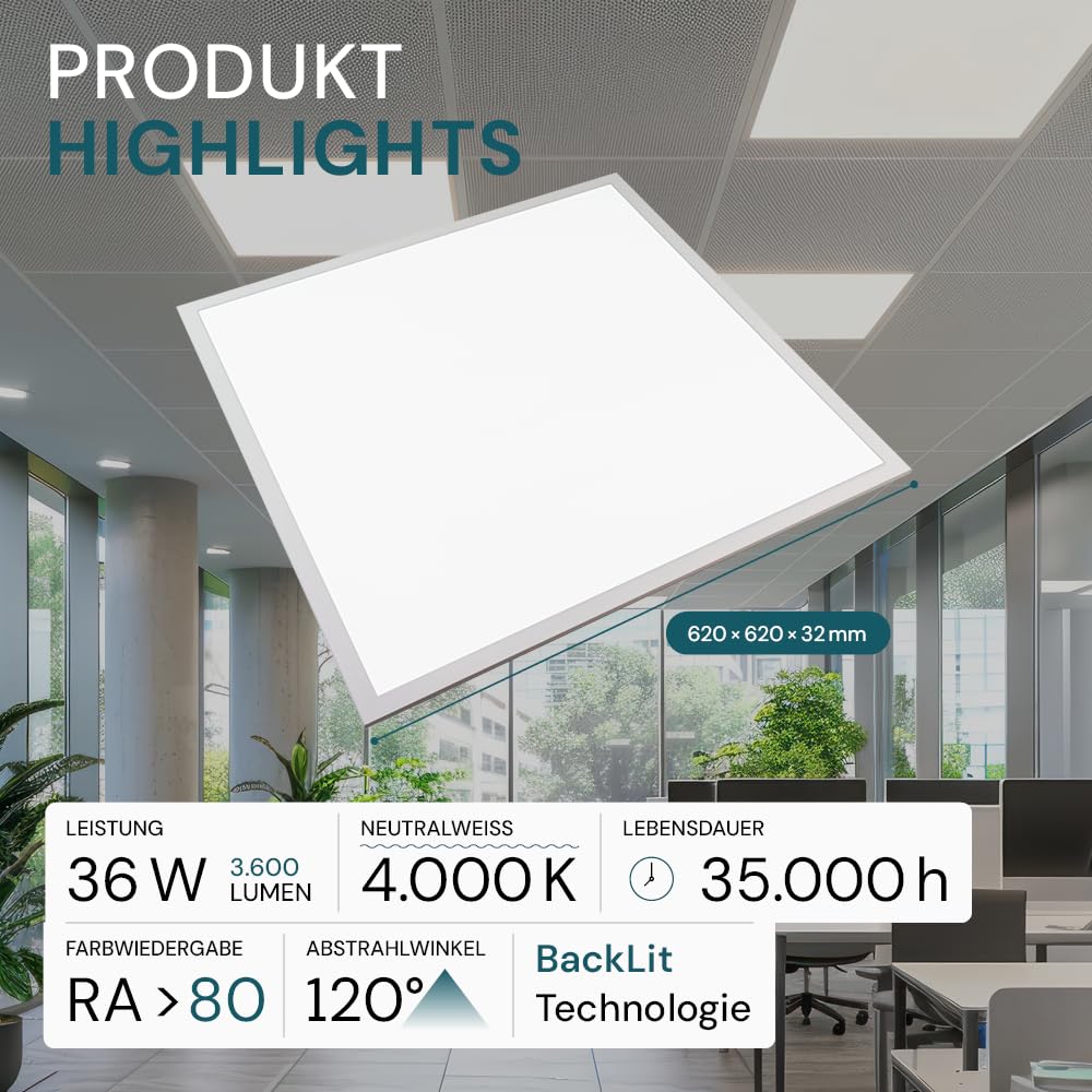 LUXULA LED Panel 62x62cm 36W 3600lm 4000K neutralweiß Deckenleuchte für Rasterdecken