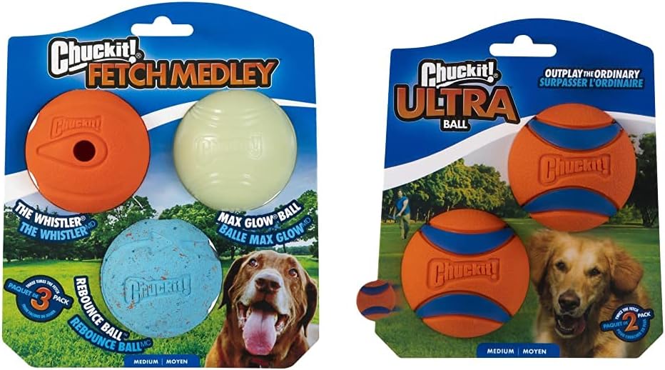 Chuckit! Ultra Ball (2.5") and Whistler, Max Glow and Rebounce Balls (Medium) Dog Toy Bundle