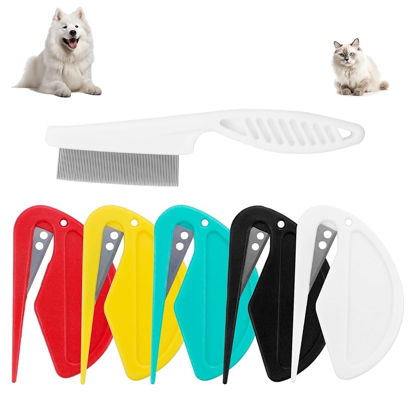 Pente Desembaraçador para Cães e Gatos Aecsze com Lâmina Protegida, Plástico e Metal, Pacote com 6
