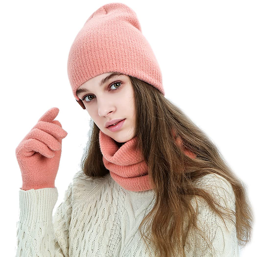 lnrueg Hat Scarf Gloves Set Classic Breathable Unisex Elastic Solid Color Ribbed Knit Cap Watch Cap Loop Scarf Girl Coldproof Elastic Cuff Man-picture-18