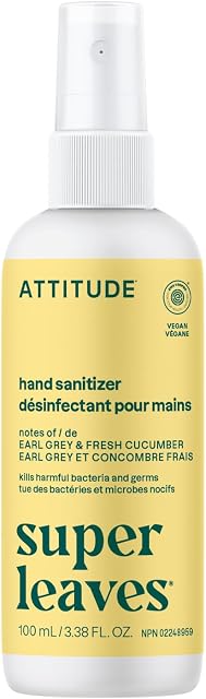 ATTITUDE Hand Sanitizer Spray, EWG Verified, Kills Germs & Bacteria, Vegan & Plant-Based, Safe for Adults & Kids, Earl Grey & Fresh Cucumber Scent, 100 mL (Spray Bottle)