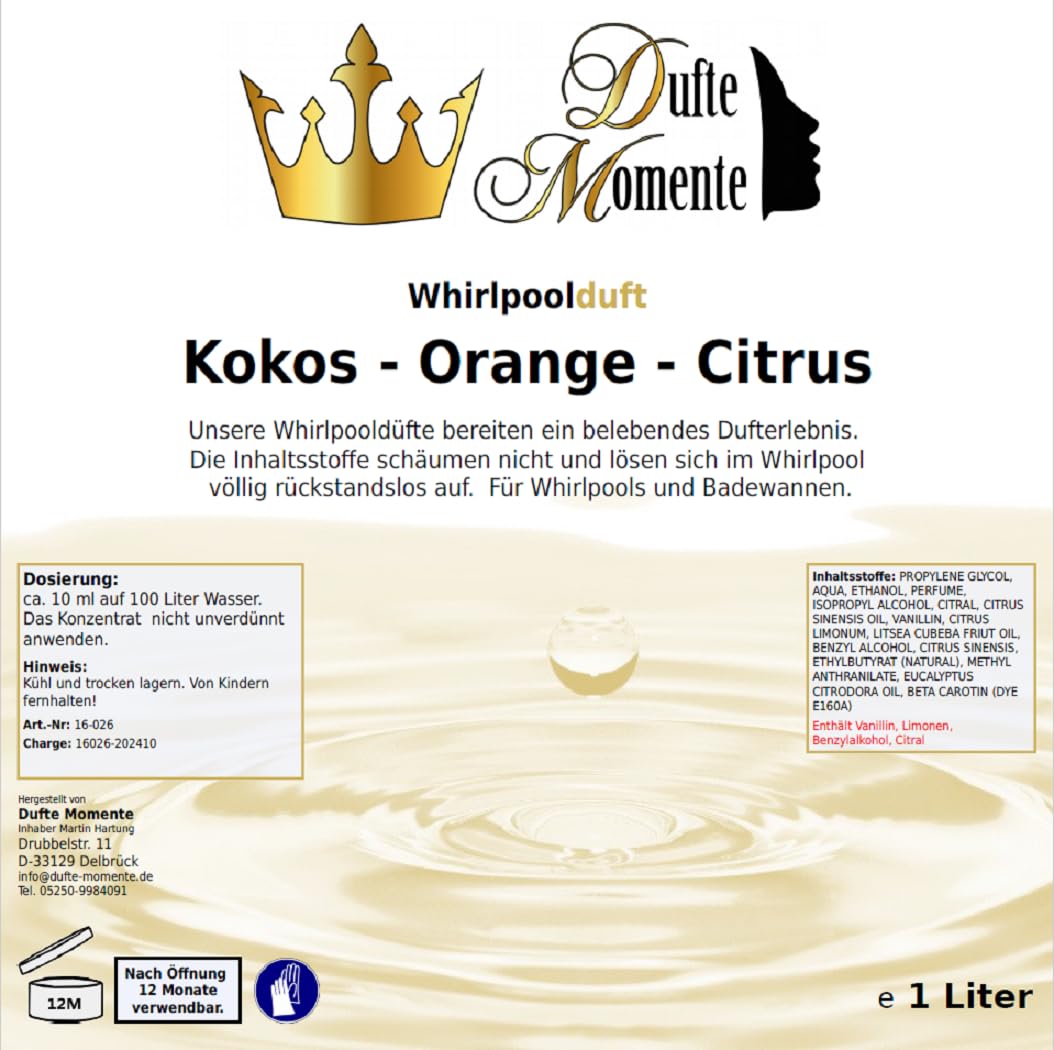 Dufte Momente | Whirlpool Duft 1 Liter | Kokos - Orange - Citrus | mit naturreinen und natürlichen ätherischen Ölen | kein Schaum | vegan und ohne Tierversuche