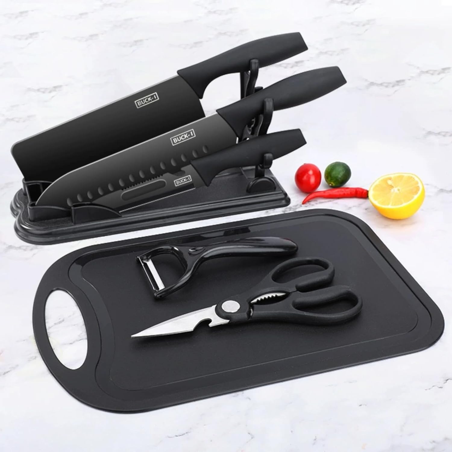 7-Piece Black Knife Set with Stand,Professional Kitchen Knife Set with Cutting Board - Image 2
