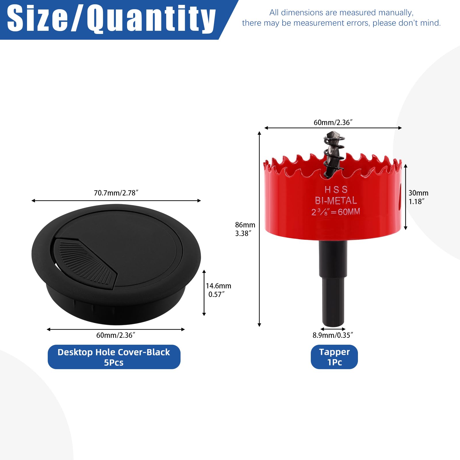 Glarks 6Pcs Black Desk Grommet 2-3/8inch Desk Adjustable Cable Hole Covers with 1Pc Hole Saw - Image 2