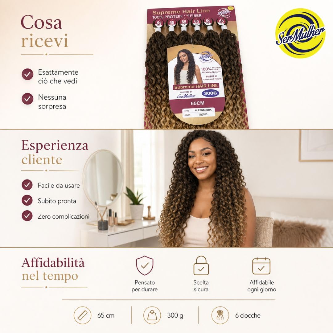 Extension Capelli Ricci e Mossi a Tessitura in Bioproteina, 300 gr, 100% Aspetto Naturale - Hair Texture IDEALI per Styling Ricci, Ondulati, Volume Naturale, 6x65 cm, ALESSANDRA (Dark Brown)