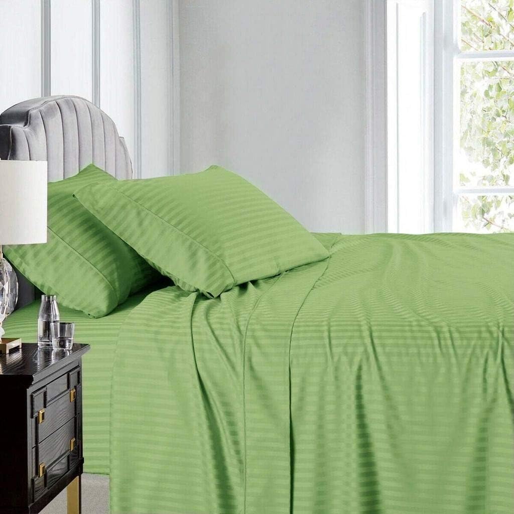 LaxLinen Sheet Set- 4 PCs Bed Sheet Set (10"-12" Inch) Extra Deep Pocket Twin Extra Long Bed Size, Olive/Moss Stripe 600 Thread Count 100% Egyptian Cotton
