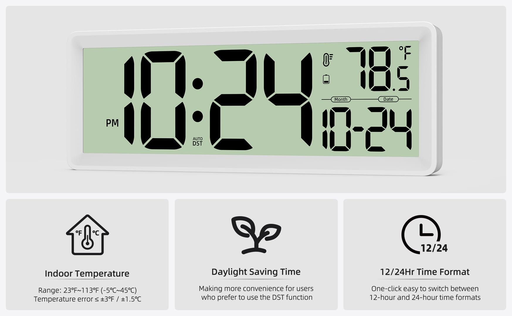 35,6 cm große digitale Wanduhr, batteriebetrieben mit Temperatur, Datum, Sommerzeit, große Digitaluhr für Küche, Bauernhaus, Schlafzimmer, Badezimmer, Klassenzimmer, Büro, Wohnzimmer – modern, leise