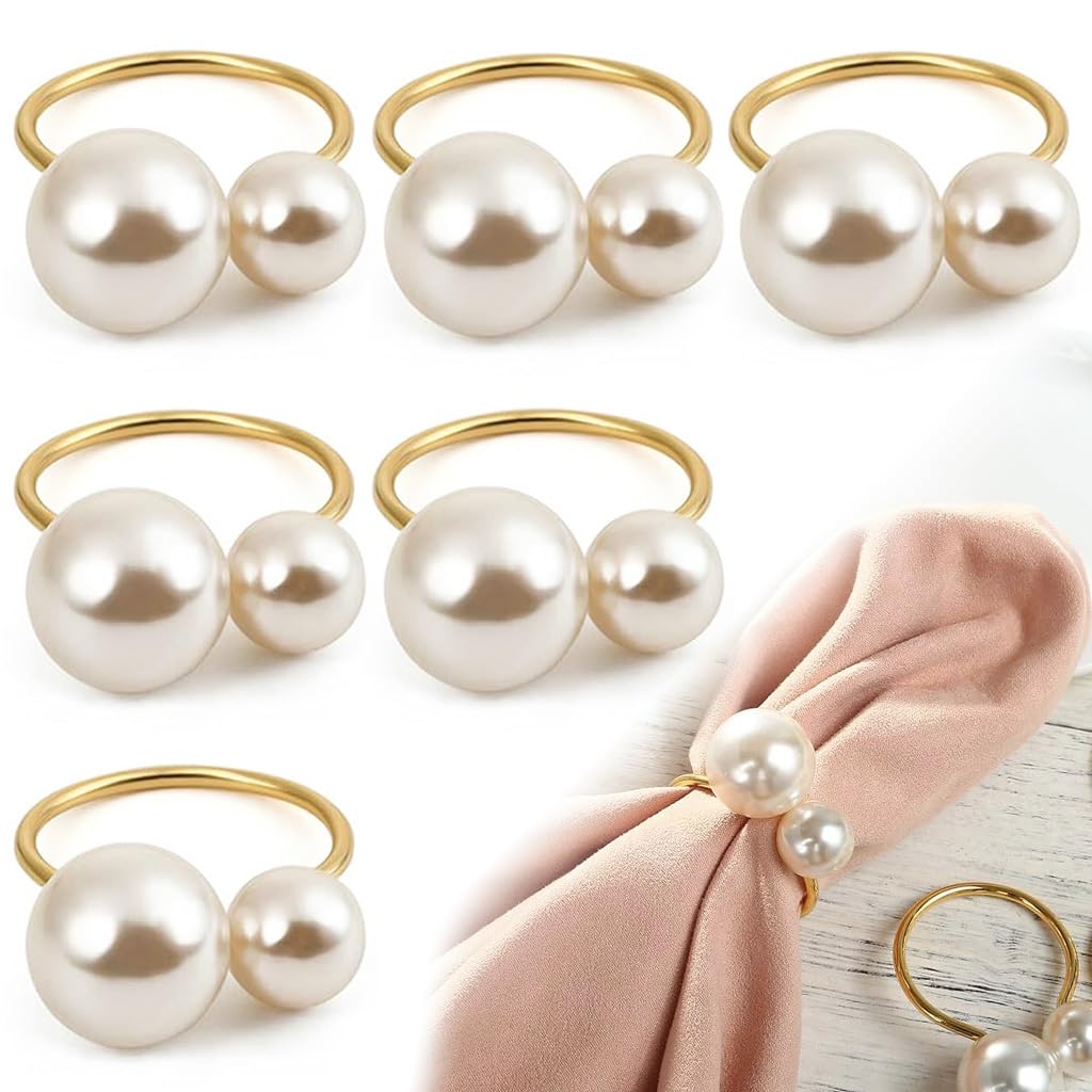 HASTHIP® 6Pcs Napkin Ring, Faux Pearl Golden Napkin Holder, Elegant Pearl Ornament Napkin Rings for Dining Table, Decorative Table Setting Supplies for Events, Banquet, Festive-image-49