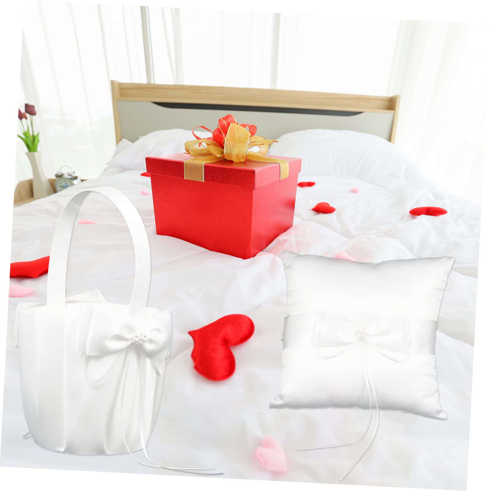 MAGICLULU 2 Stück Weißes Ringkissen mit Schleife und Strass Passender Blumenkorb aus Stoff für Hochzeit und Feier für Mädchen