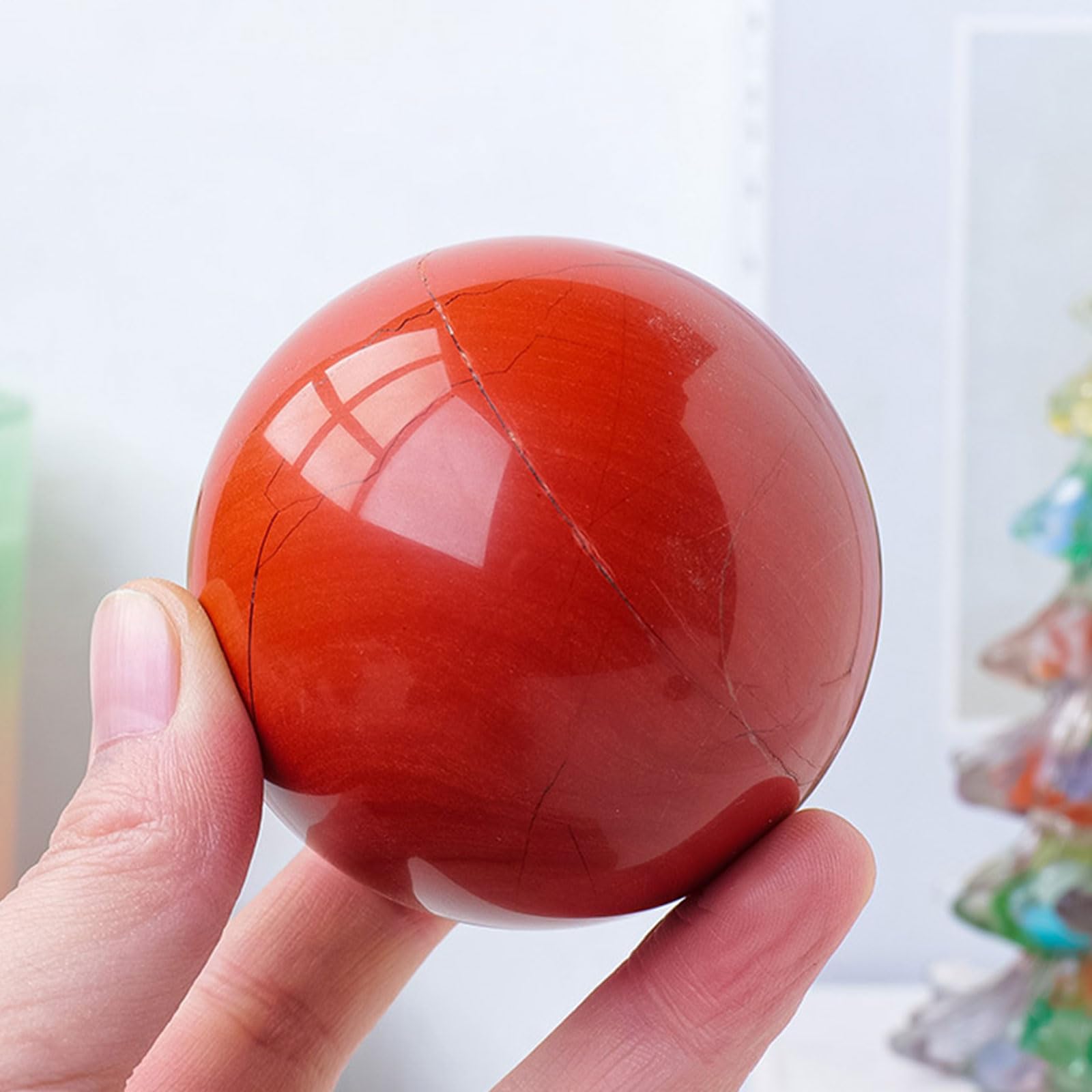 AUOQKQUT Red Crystal Ball with Wooden Stand Jasper Gemstone Sphere for Fengshui, &,60mm