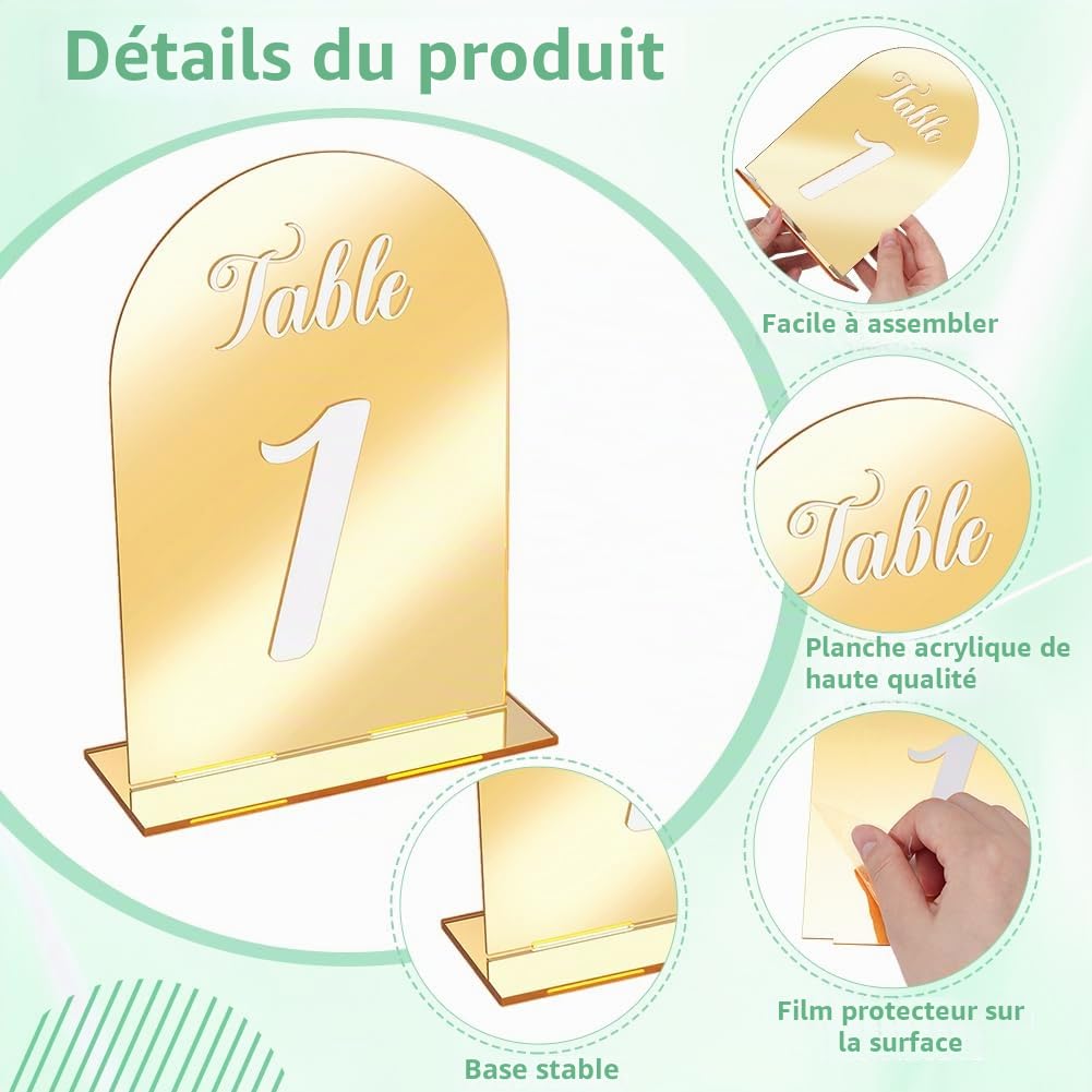 15 paquet de 1~15 numéros de Table de Mariage en Miroir Supports de Panneaux D'Affichage en Acrylique de 13x18.2cm Arc Supports pour Réceptions de Mariage Fêtes Anniversaires et Événements