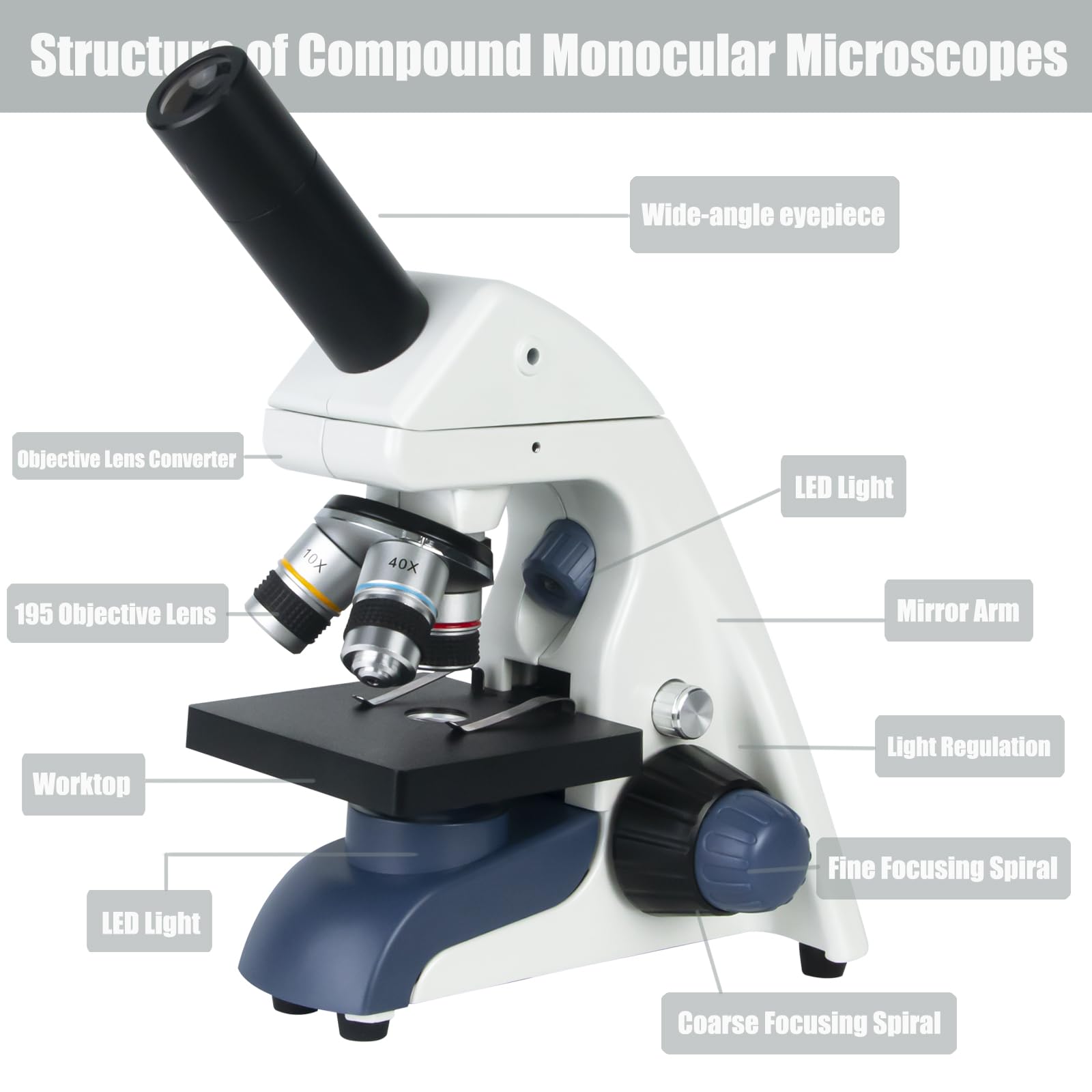 Microscopi monoculari composti professionali per adulti, bambini 8-12 e studenti | Ingrandimento 40X-2000X per laboratorio e casa microscopio con supporto per telefono, set completo di