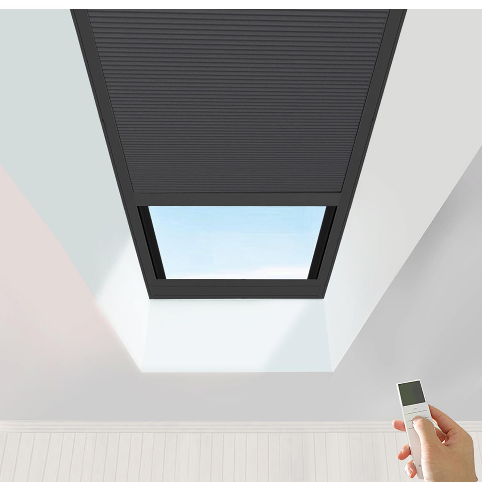TIPIACE Hard-Wired Motorized Skylight Roof Window Cellular Honeycomb Full Blackout Waterproof Blinds Curtain Suitable Skylight Glass Room Sloping Roof Room (Black 93021N)