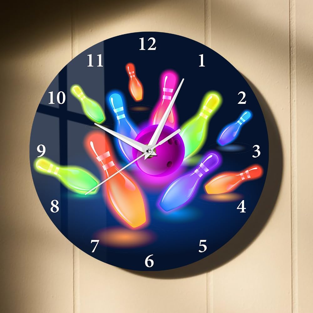 15 Inch Colorful Bowling Ball Wall Clock, Modern Decorative Silent Non Ticking Quartz Battery Operated Round Wall Watch Clock Easy to Read Accurate for Man Cave Bedroom Kitchen Living Room
