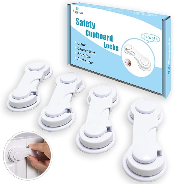 Rayuda Child Safety Cupboard Locks for Children with Insurance Button and Spare Adhesive, Safety and ECO-Friendly Child Locks for Baby Proofing, 4 Packs