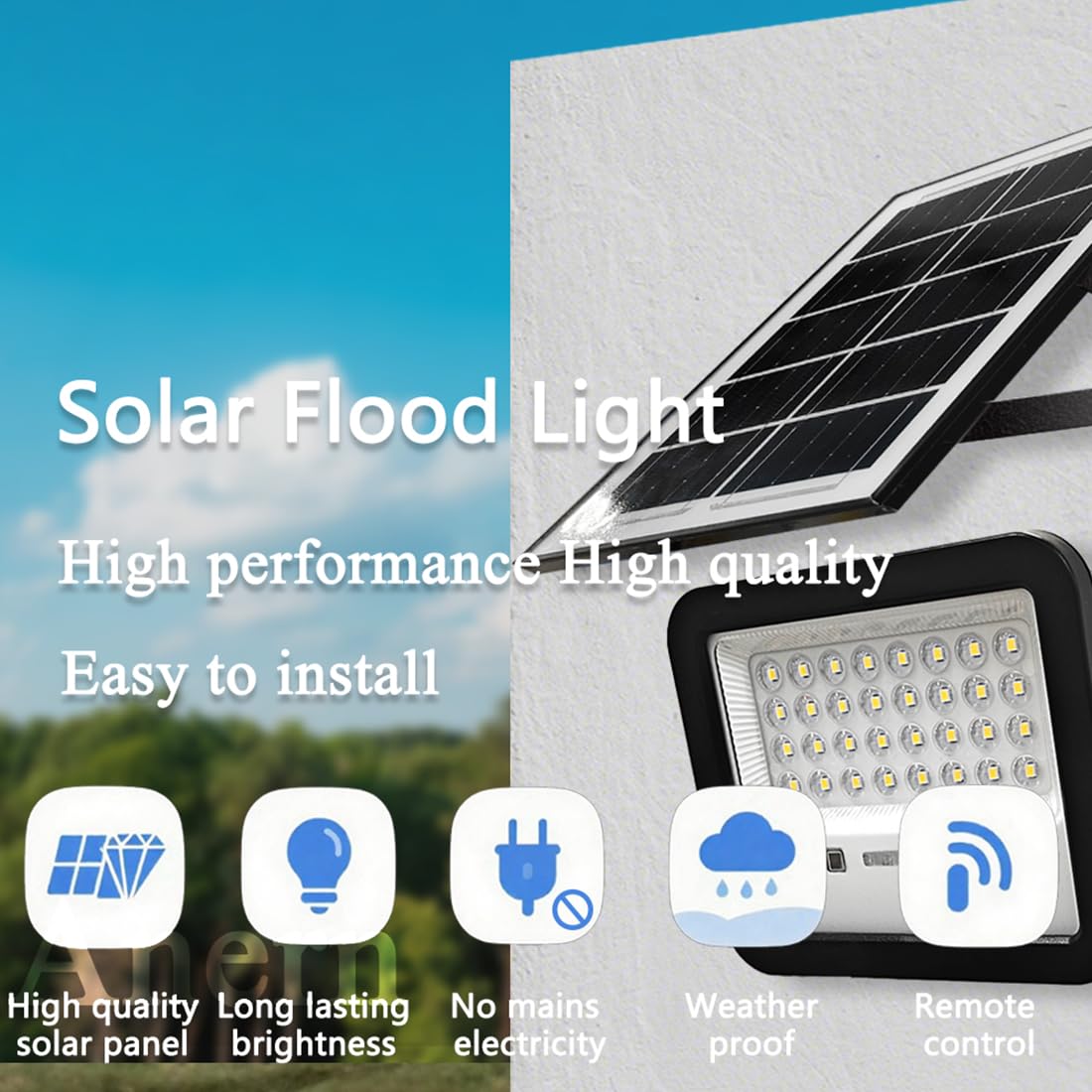 Anern 6500K 50 W Zewnętrzny reflektor solarny 700 lm z pilotem zdalnego sterowania, 5000 mAh, 32 diody LED, zewnętrzna lampa solarna, IP65, wodoodporne oświetlenie słoneczne do ogrodu, garażu, zniżki